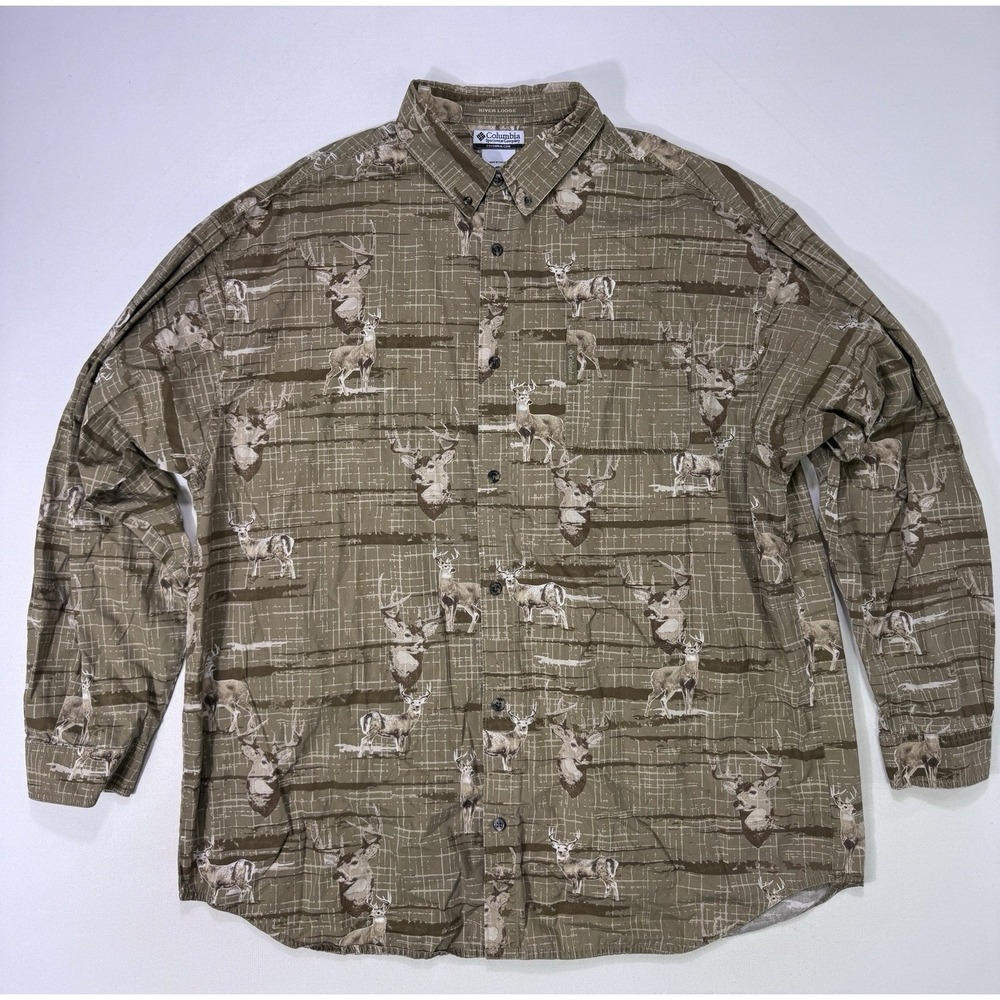 Columbia River Lodge Button Shirt Men's 2XL Buck Deer AOP Hunting Gorpcore Cabin